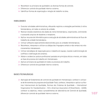 Ø Reconhecer os princípios da qualidade e as diversas formas de controle.
Ø Diferenciar controle de qualidade interno e externo.
Ø Identificar formas de organização e relação de trabalho na área.
HABILIDADES
Ø Executar atividades administrativas, efetuando registros e anotações pertinentes à rotina
hemoterápica, em todos os setores da unidade.
Ø Realizar estudos estatísticos dos dados da rotina hemoterápica, organizando, controlando
e acessando arquivos de doadores e receptores.
Ø Aplicar recursos de informática para a execução de atividades administrativas do fluxo de
trabalho da unidade hemoterápica.
Ø Utilizar softwares especialmente desenvolvidos para as unidades hemoterápicas.
Ø Reconhecer, interpretar e utilizar os códigos das linguagens verbais e não-verbais nos rela-
cionamentos interpessoais.
Ø Utilizar estratégias de negociação para o trabalho em equipe, visando à administração de
conflitos e viabilização de consenso.
Ø Adotar e evidenciar postura profissional pautada em princípios éticos e morais, em todas
as fases do processo de trabalho em Hemoterapia.
Ø Aplicar princípios da qualidade em todos os processos de trabalho.
Ø Diferenciar controle de qualidade interno e externo.
BASES TECNOLÓGICAS
Ø Aplicação de fundamentos de controle de qualidade em Hemoterapia: conhecer e utilizar-
se de ferramentas do programa de Qualidade Total; conhecer, interpretar e aplicar as Nor-
mas Internacionais de Qualidade, Normas dos Sistemas de Qualidade – International
Organization for Standardization - ISO e American Association of Blood Banks - AABB;
conhecer os objetivos, metas e procedimentos de laboratórios de Controle de Qualidade;
diferenciar controle de qualidade interno e externo. 107
 