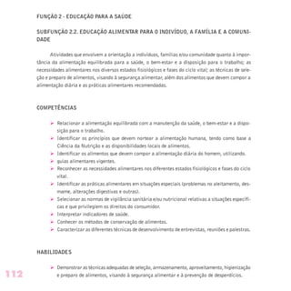 FUNÇÃO 2 - EDUCAÇÃO PARA A SAÚDE
SUBFUNÇÃO 2.2. EDUCAÇÃO ALIMENTAR PARA O INDIVÍDUO, A FAMÍLIA E A COMUNI-
DADE
Atividades que envolvem a orientação a indivíduos, famílias e/ou comunidade quanto à impor-
tância da alimentação equilibrada para a saúde, o bem-estar e a disposição para o trabalho; as
necessidades alimentares nos diversos estados fisiológicos e fases do ciclo vital; as técnicas de sele-
ção e preparo de alimentos, visando à segurança alimentar, além dos alimentos que devem compor a
alimentação diária e as práticas alimentares recomendadas.
COMPETÊNCIAS
Ø Relacionar a alimentação equilibrada com a manutenção da saúde, o bem-estar e a dispo-
sição para o trabalho.
Ø Identificar os princípios que devem nortear a alimentação humana, tendo como base a
Ciência da Nutrição e as disponibilidades locais de alimentos.
Ø Identificar os alimentos que devem compor a alimentação diária do homem, utilizando.
Ø guias alimentares vigentes.
Ø Reconhecer as necessidades alimentares nos diferentes estados fisiológicos e fases do ciclo
vital.
Ø Identificar as práticas alimentares em situações especiais (problemas no aleitamento, des-
mame, alterações digestivas e outras).
Ø Selecionar as normas de vigilância sanitária e/ou nutricional relativas a situações específi-
cas e que privilegiem os direitos do consumidor.
Ø Interpretar indicadores de saúde.
Ø Conhecer os métodos de conservação de alimentos.
Ø Caracterizar as diferentes técnicas de desenvolvimento de entrevistas, reuniões e palestras.
HABILIDADES
Ø Demonstrar as técnicas adequadas de seleção, armazenamento, aproveitamento, higienização
e preparo de alimentos, visando à segurança alimentar e à prevenção de desperdícios.112
 
