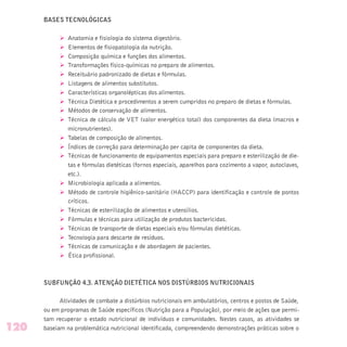 BASES TECNOLÓGICAS
Ø Anatomia e fisiologia do sistema digestório.
Ø Elementos de fisiopatologia da nutrição.
Ø Composição química e funções dos alimentos.
Ø Transformações físico-químicas no preparo de alimentos.
Ø Receituário padronizado de dietas e fórmulas.
Ø Listagens de alimentos substitutos.
Ø Características organolépticas dos alimentos.
Ø Técnica Dietética e procedimentos a serem cumpridos no preparo de dietas e fórmulas.
Ø Métodos de conservação de alimentos.
Ø Técnica de cálculo de VET (valor energético total) dos componentes da dieta (macros e
micronutrientes).
Ø Tabelas de composição de alimentos.
Ø Índices de correção para determinação per capita de componentes da dieta.
Ø Técnicas de funcionamento de equipamentos especiais para preparo e esterilização de die-
tas e fórmulas dietéticas (fornos especiais, aparelhos para cozimento a vapor, autoclaves,
etc.).
Ø Microbiologia aplicada a alimentos.
Ø Método de controle higiênico-sanitário (HACCP) para identificação e controle de pontos
críticos.
Ø Técnicas de esterilização de alimentos e utensílios.
Ø Fórmulas e técnicas para utilização de produtos bactericidas.
Ø Técnicas de transporte de dietas especiais e/ou fórmulas dietéticas.
Ø Tecnologia para descarte de resíduos.
Ø Técnicas de comunicação e de abordagem de pacientes.
Ø Ética profissional.
SUBFUNÇÃO 4.3. ATENÇÃO DIETÉTICA NOS DISTÚRBIOS NUTRICIONAIS
Atividades de combate a distúrbios nutricionais em ambulatórios, centros e postos de Saúde,
ou em programas de Saúde específicos (Nutrição para a População), por meio de ações que permi-
tam recuperar o estado nutricional de indivíduos e comunidades. Nestes casos, as atividades se
baseiam na problemática nutricional identificada, compreendendo demonstrações práticas sobre o120
 