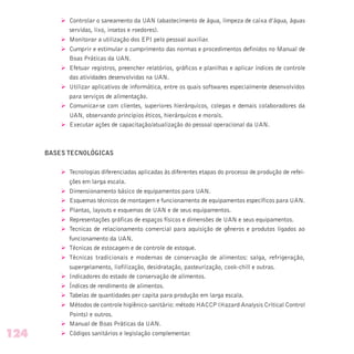 Ø Controlar o saneamento da UAN (abastecimento de água, limpeza de caixa d’água, águas
servidas, lixo, insetos e roedores).
Ø Monitorar a utilização dos EPI pelo pessoal auxiliar.
Ø Cumprir e estimular o cumprimento das normas e procedimentos definidos no Manual de
Boas Práticas da UAN.
Ø Efetuar registros, preencher relatórios, gráficos e planilhas e aplicar índices de controle
das atividades desenvolvidas na UAN.
Ø Utilizar aplicativos de informática, entre os quais softwares especialmente desenvolvidos
para serviços de alimentação.
Ø Comunicar-se com clientes, superiores hierárquicos, colegas e demais colaboradores da
UAN, observando princípios éticos, hierárquicos e morais.
Ø Executar ações de capacitação/atualização do pessoal operacional da UAN.
BASES TECNOLÓGICAS
Ø Tecnologias diferenciadas aplicadas às diferentes etapas do processo de produção de refei-
ções em larga escala.
Ø Dimensionamento básico de equipamentos para UAN.
Ø Esquemas técnicos de montagem e funcionamento de equipamentos específicos para UAN.
Ø Plantas, layouts e esquemas de UAN e de seus equipamentos.
Ø Representações gráficas de espaços físicos e dimensões de UAN e seus equipamentos.
Ø Tecnicas de relacionamento comercial para aquisição de gêneros e produtos ligados ao
funcionamento da UAN.
Ø Técnicas de estocagem e de controle de estoque.
Ø Técnicas tradicionais e modernas de conservação de alimentos: salga, refrigeração,
supergelamento, liofilização, desidratação, pasteurização, cook-chill e outras.
Ø Indicadores do estado de conservação de alimentos.
Ø Índices de rendimento de alimentos.
Ø Tabelas de quantidades per capita para produção em larga escala.
Ø Métodos de controle higiênico-sanitário: método HACCP (Hazard Analysis Critical Control
Points) e outros.
Ø Manual de Boas Práticas da UAN.
Ø Códigos sanitários e legislação complementar.124
 