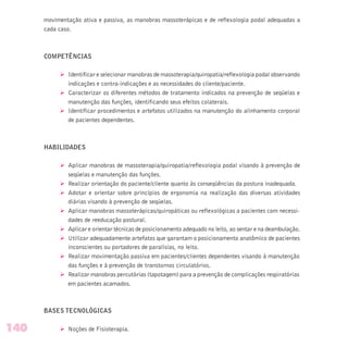 movimentação ativa e passiva, as manobras massoterápicas e de reflexologia podal adequadas a
cada caso.
COMPETÊNCIAS
Ø Identificar e selecionar manobras de massoterapia/quiropatia/reflexologia podal observando
indicações e contra-indicações e as necessidades do cliente/paciente.
Ø Caracterizar os diferentes métodos de tratamento indicados na prevenção de seqüelas e
manutenção das funções, identificando seus efeitos colaterais.
Ø Identificar procedimentos e artefatos utilizados na manutenção do alinhamento corporal
de pacientes dependentes.
HABILIDADES
Ø Aplicar manobras de massoterapia/quiropatia/reflexologia podal visando à prevenção de
seqüelas e manutenção das funções.
Ø Realizar orientação do paciente/cliente quanto às conseqüências da postura inadequada.
Ø Adotar e orientar sobre princípios de ergonomia na realização das diversas atividades
diárias visando à prevenção de seqüelas.
Ø Aplicar manobras massoterápicas/quiropáticas ou reflexológicas a pacientes com necessi-
dades de reeducação postural.
Ø Aplicar e orientar técnicas de posicionamento adequado no leito, ao sentar e na deambulação.
Ø Utilizar adequadamente artefatos que garantam o posicionamento anatômico de pacientes
inconscientes ou portadores de paralisias, no leito.
Ø Realizar movimentação passiva em pacientes/clientes dependentes visando à manutenção
das funções e à prevenção de transtornos circulatórios.
Ø Realizar manobras percutórias (tapotagem) para a prevenção de complicações respiratórias
em pacientes acamados.
BASES TECNOLÓGICAS
Ø Noções de Fisioterapia.140
 