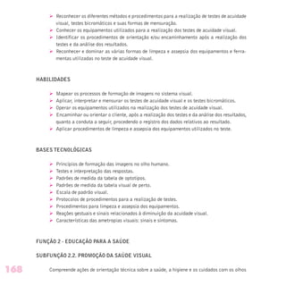 Ø Reconhecer os diferentes métodos e procedimentos para a realização de testes de acuidade
visual, testes bicromáticos e suas formas de mensuração.
Ø Conhecer os equipamentos utilizados para a realização dos testes de acuidade visual.
Ø Identificar os procedimentos de orientação e/ou encaminhamento após a realização dos
testes e da análise dos resultados.
Ø Reconhecer e dominar as várias formas de limpeza e assepsia dos equipamentos e ferra-
mentas utilizadas no teste de acuidade visual.
HABILIDADES
Ø Mapear os processos de formação de imagens no sistema visual.
Ø Aplicar, interpretar e mensurar os testes de acuidade visual e os testes bicromáticos.
Ø Operar os equipamentos utilizados na realização dos testes de acuidade visual.
Ø Encaminhar ou orientar o cliente, após a realização dos testes e da análise dos resultados,
quanto a conduta a seguir, procedendo o registro dos dados relativos ao resultado.
Ø Aplicar procedimentos de limpeza e assepsia dos equipamentos utilizados no teste.
BASES TECNOLÓGICAS
Ø Princípios de formação das imagens no olho humano.
Ø Testes e interpretação das respostas.
Ø Padrões de medida da tabela de optotipos.
Ø Padrões de medida da tabela visual de perto.
Ø Escala de padrão visual.
Ø Protocolos de procedimentos para a realização de testes.
Ø Procedimentos para limpeza e assepsia dos equipamentos.
Ø Reações gestuais e sinais relacionados à diminuição da acuidade visual.
Ø Características das ametropias visuais: sinais e sintomas.
FUNÇÃO 2 - EDUCAÇÃO PARA A SAÚDE
SUBFUNÇÃO 2.2. PROMOÇÃO DA SAÚDE VISUAL
Compreende ações de orientação técnica sobre a saúde, a higiene e os cuidados com os olhos168
 