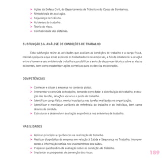 Ø Ações da Defesa Civil, do Departamento de Trânsito e do Corpo de Bombeiros.
Ø Metodologia de avaliação.
Ø Segurança no trânsito.
Ø Acidentes do trabalho.
Ø Teoria do risco.
Ø Confiabilidade dos sistemas.
SUBFUNÇÃO 3.6. ANÁLISE DE CONDIÇÕES DE TRABALHO
Esta subfunção reúne as atividades que avaliam as condições de trabalho e a carga física,
mental e psíquica a que estão expostos os trabalhadores nas empresas, a fim de estabelecer a relação
entre o homem e seu ambiente de trabalho e possibilitar a emissão de parecer técnico sobre os riscos
existentes, bem como estabelecer ações corretivas para os desvios encontrados.
COMPETÊNCIAS
Ø Conhecer e situar a empresa no contexto global.
Ø Interpretar o conteúdo do trabalho, tomando como base: a distribuição do trabalho, execu-
ção das tarefas, relações sociais e o posto de trabalho.
Ø Identificar carga física, mental e psíquica nas tarefas realizadas na organização.
Ø Identificar e monitorar variáveis de referência do trabalho e do indivíduo, bem como
desvios de conduta.
Ø Estruturar e desenvolver avaliação ergonômica nos ambientes de trabalho.
HABILIDADES
Ø Aplicar princípios ergonômicos na realização do trabalho.
Ø Realizar diagnóstico da empresa em relação à Saúde e Segurança no Trabalho, interpre-
tando a informação obtida nos levantamentos dos dados.
Ø Preparar questionário de avaliação sobre as condições de trabalho.
Ø Implantar os programas de prevenção dos riscos. 189
 