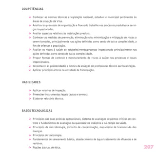COMPETÊNCIAS
Ø Conhecer as normas técnicas e legislação nacional, estadual e municipal pertinentes às
áreas de atuação da Visa.
Ø Analisar os processos de organização e fluxos do trabalho nos processos produtivos e servi-
ços inspecionados.
Ø Avaliar aspectos relativos às instalações prediais.
Ø Conhecer as medidas de prevenção, eliminação e/ou minimização e mitigação de riscos a
serem tomadas, principalmente nas ações definidas como sendo de baixa complexidade, a
fim de orientar a população.
Ø Avaliar os riscos à saúde do estabelecimento/processo inspecionado principalmente nas
ações definidas como sendo de baixa complexidade.
Ø Propor formas de controle e monitoramento de riscos à saúde nos processos e locais
inspecionados.
Ø Reconhecer as possibilidades e limites da atuação do profissional técnico da fiscalização.
Ø Aplicar princípios éticos na atividade de fiscalização.
HABILIDADES
Ø Aplicar roteiros de inspeção.
Ø Preencher instrumentos legais (autos e termos).
Ø Elaborar relatório técnico.
BASES TECNOLÓGICAS
Ø Princípios das boas práticas operacionais, sistema de avaliação de pontos críticos de con-
trole e fundamentos de avaliação da qualidade na indústria e no campo da saúde.
Ø Princípios de microbiologia, conceito de contaminação, mecanismo de transmissão das
doenças.
Ø Princípios de toxicologia.
Ø Fundamentos de saneamento básico, abastecimento de água tratamento de efluentes e de
resíduos.
Ø Noções básicas de ética. 207
 