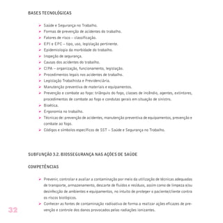 BASES TECNOLÓGICAS
Ø Saúde e Segurança no Trabalho.
Ø Formas de prevenção de acidentes do trabalho.
Ø Fatores de risco – classificação.
Ø EPI e EPC – tipo, uso, legislação pertinente.
Ø Epidemiologia da morbidade do trabalho.
Ø Inspeção de segurança.
Ø Causas dos acidentes do trabalho.
Ø CIPA – organização, funcionamento, legislação.
Ø Procedimentos legais nos acidentes de trabalho.
Ø Legislação Trabalhista e Previdenciária.
Ø Manutenção preventiva de materiais e equipamentos.
Ø Prevenção e combate ao fogo: triângulo do fogo, classes de incêndio, agentes, extintores,
procedimentos de combate ao fogo e condutas gerais em situação de sinistro.
Ø Bioética.
Ø Ergonomia no trabalho.
Ø Técnicas de: prevenção de acidentes, manutenção preventiva de equipamentos, prevenção e
combate ao fogo.
Ø Códigos e símbolos específicos de SST – Saúde e Segurança no Trabalho.
SUBFUNÇÃO 3.2. BIOSSEGURANÇA NAS AÇÕES DE SAÚDE
COMPETÊNCIAS
Ø Prevenir, controlar e avaliar a contaminação por meio da utilização de técnicas adequadas
de transporte, armazenamento, descarte de fluidos e resíduos, assim como de limpeza e/ou
desinfecção de ambientes e equipamentos, no intuito de proteger o paciente/cliente contra
os riscos biológicos.
Ø Conhecer as fontes de contaminação radioativa de forma a realizar ações eficazes de pre-
venção e controle dos danos provocados pelas radiações ionizantes.32
 