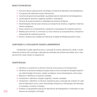 BASES TECNOLÓGICAS
Ø Estrutura básica organizacional, tecnológica e humana do laboratório de biodiagnóstico.
Ø Fluxograma dos diferentes exames laboratoriais.
Ø Conceitos de garantia de qualidade e qualidade total em laboratórios de biodiagnóstico.
Ø Conservação de amostras, reagentes, padrões e calibradores.
Ø Técnicas de acondicionamento e embalagem de amostras biológicas.
Ø Recomendações internacionais relativas ao transporte de amostras, reagentes e materiais
infecto-contagiosos.
Ø Riscos relativos ao armazenamento, transporte e manipulação de compostos químicos.
Ø Medidas para eliminar ou minimizar os riscos relativos ao armazenamento, transporte e
manipulação de compostos químicos.
Ø Nomes e símbolos das unidades do Sistema de Unidades de Medida aplicáveis à área.
SUBFUNÇÃO 1.3. EXECUÇÃO DE EXAMES LABORATORIAIS
Compreende as ações específicas para a execução de exames laboratoriais, desde o recebi-
mento das amostras até a avaliação e liberação dos resultados das análises executadas, sem a inten-
ção de emitir laudo (laudar) ou diagnosticar.
COMPETÊNCIAS
Ø Identificar e caracterizar os diversos meios de cultura para os microorganismos.
Ø Identificar as amostras biológicas (sangue, fezes e urina) utilizadas em dosagens bioquími-
cas; determinações hormonais, reações sorológicas, imuno-hematológicas, entre outras.
Ø Registrar e identificar as amostras coletadas.
Ø Caracterizar e identificar soluções reagentes, corantes e tampões.
Ø Caracterizar e identificar as técnicas necessárias para a execução das análises em cada
setor do laboratório clínico, como: Parasitologia, Bioquímica, Hematologia, Microbiologia
e Imunologia, Urinálise e Citologia.
Ø Conhecer os equipamentos básicos de laboratórios de biodiagnóstico e interpretar os seus
manuais de instalação e utilização.42
 