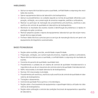 HABILIDADES
Ø Aplicar as regras técnicas básicas para a qualidade, confiabilidade e a segurança dos resul-
tados dos exames.
Ø Operar equipamentos básicos de laboratório de biodiagnóstico.
Ø Aplicar os procedimentos e os cuidados segundo as normas de qualidade referentes a pre-
paração, validação, uso e preservação de amostras reagentes, padrões e calibradores.
Ø Realizar ou participar da realização dos procedimentos pré-analíticos, analíticos e pós-
analíticos de controle de qualidade em laboratórios de biodiagnóstico.
Ø Monitorar os resultados dos exames visando à identificação de problemas e à rápida im-
plantação de ações corretivas.
Ø Realizar pequenos ajustes e reparos de equipamentos laboratoriais que não exijam manu-
tenção técnica especializada.
Ø Fornecer dados técnicos e precisos para os serviços de manutenção técnica em geral e de
equipamentos de diagnóstico automatizados.
BASES TECNOLÓGICAS
Ø Noções sobre exatidão, precisão, sensibilidade e especificidade.
Ø Preparação, validação, uso e preservação de amostras, reagentes, padrões e calibradores.
Ø Regras técnicas básicas para a qualidade, a confiabilidade e a segurança de resultados de
exames.
Ø Conceitos de garantia de qualidade e qualidade total.
Ø Procedimentos e cuidados de um sistema de controle de qualidade intralaboratorial e a
importância do uso de um mecanismo de controle externo de qualidade (interlaboratorial).
Ø NBRs relacionadas à atividade laboratorial de biodiagnóstico.
Ø Normas ISO relacionadas à atividade.
Ø Procedimentos pré-analíticos, analíticos e pós-analíticos de controle de qualidade em labo-
ratórios de biodiagnóstico.
Ø Titulações e doseamentos.
Ø Controle de qualidade físico-químico e microbiológico.
Ø Noções sobre o funcionamento de equipamentos e aparelhagem básica utilizada nos labo-
ratórios de biodiagnóstico.
Ø Noções sobre calibração e controle das condições funcionais de equipamentos e aparelhos
do laboratório.
45
 