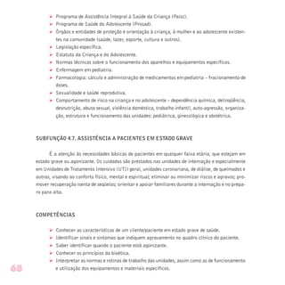 Ø Programa de Assistência Integral à Saúde da Criança (Paisc).
Ø Programa de Saúde do Adolescente (Prosad).
Ø Órgãos e entidades de proteção e orientação à criança, à mulher e ao adolescente existen-
tes na comunidade (saúde, lazer, esporte, cultura e outros).
Ø Legislação específica.
Ø Estatuto da Criança e do Adolescente.
Ø Normas técnicas sobre o funcionamento dos aparelhos e equipamentos específicos.
Ø Enfermagem em pediatria.
Ø Farmacologia: cálculo e administração de medicamentos em pediatria – fracionamento de
doses.
Ø Sexualidade e saúde reprodutiva.
Ø Comportamento de risco na criança e no adolescente – dependência química, delinqüência,
desnutrição, abuso sexual, violência doméstica, trabalho infantil, auto-agressão, organiza-
ção, estrutura e funcionamento das unidades: pediátrica, ginecológica e obstétrica.
SUBFUNÇÃO 4.7. ASSISTÊNCIA A PACIENTES EM ESTADO GRAVE
É a atenção às necessidades básicas de pacientes em qualquer faixa etária, que estejam em
estado grave ou agonizante. Os cuidados são prestados nas unidades de internação e especialmente
em Unidades de Tratamento Intensivo (UTI) geral, unidades coronariana, de diálise, de queimados e
outras, visando ao conforto físico, mental e espiritual; eliminar ou minimizar riscos e agravos; pro-
mover recuperação isenta de seqüelas; orientar e apoiar familiares durante a internação e no prepa-
ro para alta.
COMPETÊNCIAS
Ø Conhecer as características de um cliente/paciente em estado grave de saúde.
Ø Identificar sinais e sintomas que indiquem agravamento no quadro clínico do paciente.
Ø Saber identificar quando o paciente está agonizante.
Ø Conhecer os princípios da bioética.
Ø Interpretar as normas e rotinas de trabalho das unidades, assim como as de funcionamento
e utilização dos equipamentos e materiais específicos.68
 