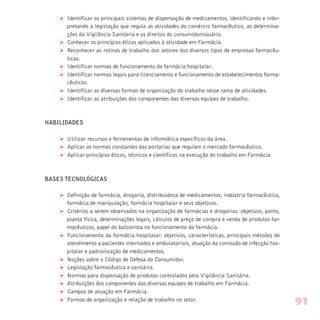 Ø Identificar os principais sistemas de dispensação de medicamentos, identificando e inter-
pretando a legislação que regula as atividades do comércio farmacêutico, as determina-
ções da Vigilância Sanitária e os direitos do consumidor/usuário.
Ø Conhecer os princípios éticos aplicados à atividade em Farmácia.
Ø Reconhecer as rotinas de trabalho dos setores dos diversos tipos de empresas farmacêu-
ticas.
Ø Identificar normas de funcionamento da farmácia hospitalar.
Ø Identificar normas legais para licenciamento e funcionamento de estabelecimentos farma-
cêuticos.
Ø Identificar as diversas formas de organização do trabalho nesse ramo de atividades.
Ø Identificar as atribuições dos componentes das diversas equipes de trabalho.
HABILIDADES
Ø Utilizar recursos e ferramentas de informática específicos da área.
Ø Aplicar as normas constantes das portarias que regulam o mercado farmacêutico.
Ø Aplicar princípios éticos, técnicos e científicos na execução do trabalho em Farmácia.
BASES TECNOLÓGICAS
Ø Definição de farmácia, drogaria, distribuidora de medicamentos, indústria farmacêutica,
farmácia de manipulação, farmácia hospitalar e seus objetivos.
Ø Critérios a serem observados na organização de farmácias e drogarias: objetivos, ponto,
planta física, determinações legais, cálculos de preço de compra e venda de produtos far-
macêuticos, papel do balconista no funcionamento da farmácia.
Ø Funcionamento da farmácia hospitalar: objetivos, características, principais métodos de
atendimento a pacientes internados e ambulatoriais, atuação da comissão de infecção hos-
pitalar e padronização de medicamentos.
Ø Noções sobre o Código de Defesa do Consumidor.
Ø Legislação farmacêutica e sanitária.
Ø Normas para dispensação de produtos controlados pela Vigilância Sanitária.
Ø Atribuições dos componentes das diversas equipes de trabalho em Farmácia.
Ø Campos de atuação em Farmácia.
Ø Formas de organização e relação de trabalho no setor.
91
 
