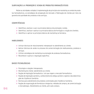 SUBFUNÇÃO 5.4. PROMOÇÃO E VENDA DE PRODUTOS FARMACÊUTICOS
Reúne as atividades voltadas à implementação de princípios de marketing na venda de produ-
tos farmacêuticos, as estratégias de prospecção de mercado e fidelização de clientes por meio da
garantia da qualidade dos produtos e dos serviços.
COMPETÊNCIAS
Ø Identificar, analisar e usar os princípios básicos de promoção e venda.
Ø Identificar, analisar e aplicar os princípios básicos de formação e criação de clientela.
Ø Identificar e aplicar os princípios básicos de marketing na farmácia.
HABILIDADES
Ø Utilizar técnicas de relacionamento interpessoal no atendimento ao cliente.
Ø Aplicar técnicas de venda no processo de comercialização de medicamentos, produtos e
serviços.
Ø Utilizar estratégias de marketing na promoção de produtos farmacêuticos.
Ø Reconhecer e aplicar a legislação específica.
BASES TECNOLÓGICAS
Ø Psicologia e relações interpessoais.
Ø Marketing do cliente: atendimento ao cliente.
Ø Noções de legislação farmacêutica. Leis que regem o mercado farmacêutico.
Ø Noções de legislação sanitária, conhecimento do código sanitário vigente e das determina-
ções da Vigilância Sanitária.
Ø Normas para atendimento de produtos controlados pela Vigilância Sanitária.
Ø Noções de organização de farmácias e drogarias: métodos de compra, de comercialização
e mercadologia. Atendimento ao cliente, pré e pós-compra.
94
 