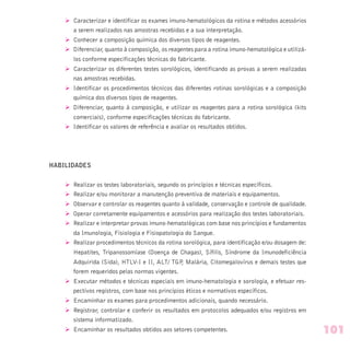 Ø Caracterizar e identificar os exames imuno-hematológicos da rotina e métodos acessórios
a serem realizados nas amostras recebidas e a sua interpretação.
Ø Conhecer a composição química dos diversos tipos de reagentes.
Ø Diferenciar, quanto à composição, os reagentes para a rotina imuno-hematológica e utilizá-
los conforme especificações técnicas do fabricante.
Ø Caracterizar os diferentes testes sorológicos, identificando as provas a serem realizadas
nas amostras recebidas.
Ø Identificar os procedimentos técnicos das diferentes rotinas sorológicas e a composição
química dos diversos tipos de reagentes.
Ø Diferenciar, quanto à composição, e utilizar os reagentes para a rotina sorológica (kits
comerciais), conforme especificações técnicas do fabricante.
Ø Identificar os valores de referência e avaliar os resultados obtidos.
HABILIDADES
Ø Realizar os testes laboratoriais, segundo os princípios e técnicas específicos.
Ø Realizar e/ou monitorar a manutenção preventiva de materiais e equipamentos.
Ø Observar e controlar os reagentes quanto à validade, conservação e controle de qualidade.
Ø Operar corretamente equipamentos e acessórios para realização dos testes laboratoriais.
Ø Realizar e interpretar provas imuno-hematológicas com base nos princípios e fundamentos
da Imunologia, Fisiologia e Fisiopatologia do Sangue.
Ø Realizar procedimentos técnicos da rotina sorológica, para identificação e/ou dosagem de:
Hepatites, Tripanossomíase (Doença de Chagas), Sífilis, Síndrome da Imunodeficiência
Adquirida (Sida), HTLV-I e II, ALT/ TGP, Malária, Citomegalovírus e demais testes que
forem requeridos pelas normas vigentes.
Ø Executar métodos e técnicas especiais em imuno-hematologia e sorologia, e efetuar res-
pectivos registros, com base nos princípios éticos e normativos específicos.
Ø Encaminhar os exames para procedimentos adicionais, quando necessário.
Ø Registrar, controlar e conferir os resultados em protocolos adequados e/ou registros em
sistema informatizado.
Ø Encaminhar os resultados obtidos aos setores competentes. 101
 
