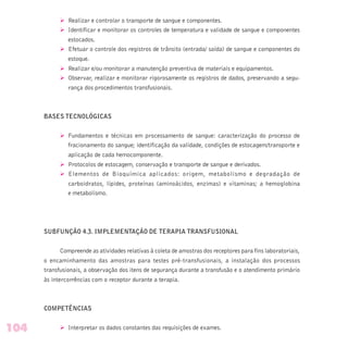 Ø Realizar e controlar o transporte de sangue e componentes.
Ø Identificar e monitorar os controles de temperatura e validade de sangue e componentes
estocados.
Ø Efetuar o controle dos registros de trânsito (entrada/ saída) de sangue e componentes do
estoque.
Ø Realizar e/ou monitorar a manutenção preventiva de materiais e equipamentos.
Ø Observar, realizar e monitorar rigorosamente os registros de dados, preservando a segu-
rança dos procedimentos transfusionais.
BASES TECNOLÓGICAS
Ø Fundamentos e técnicas em processamento de sangue: caracterização do processo de
fracionamento do sangue; identificação da validade, condições de estocagem/transporte e
aplicação de cada hemocomponente.
Ø Protocolos de estocagem, conservação e transporte de sangue e derivados.
Ø Elementos de Bioquímica aplicados: origem, metabolismo e degradação de
carboidratos, lípides, proteínas (aminoácidos, enzimas) e vitaminas; a hemoglobina
e metabolismo.
SUBFUNÇÃO 4.3. IMPLEMENTAÇÃO DE TERAPIA TRANSFUSIONAL
Compreende as atividades relativas à coleta de amostras dos receptores para fins laboratoriais,
o encaminhamento das amostras para testes pré-transfusionais, a instalação dos processos
transfusionais, a observação dos itens de segurança durante a transfusão e o atendimento primário
às intercorrências com o receptor durante a terapia.
COMPETÊNCIAS
Ø Interpretar os dados constantes das requisições de exames.104
 