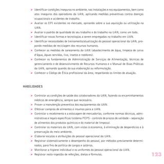 Ø Identificar condições inseguras no ambiente, nas instalações e nos equipamentos, bem como
atos inseguros dos operadores da UAN, aplicando medidas preventivas contra doenças
ocupacionais e acidentes de trabalho.
Ø Avaliar os EPI existentes no mercado, opinando sobre a sua aquisição ou utilização na
UAN.
Ø Avaliar o padrão de qualidade do seu trabalho e do trabalho na UAN, como um todo.
Ø Identificar novas formas e tecnologias a serem empregadas no trabalho em UAN.
Ø Identificar necessidades de treinamento/atualização do pessoal operacional da UAN, pro-
pondo medidas de reciclagem dos recursos humanos.
Ø Conhecer as medidas de saneamento da UAN (abastecimento de água, limpeza de caixa
d’água, águas servidas, lixo, insetos e roedores).
Ø Conhecer os fundamentos de Administração de Serviços de Alimentação, técnicas de
gerenciamento e de desenvolvimento de Recursos Humanos e o Manual de Boas Práticas
da UAN, opinando quando da sua elaboração ou reformulação.
Ø Conhecer o Código de Ética profissional da área, respeitando os limites de atuação.
HABILIDADES
Ø Controlar as condições de saúde dos colaboradores da UAN, fazendo os encaminhamentos
médicos de emergência, sempre que necessário.
Ø Prover a manutenção preventiva dos equipamentos da UAN.
Ø Efetivar compras de alimentos e insumos para a UAN.
Ø Controlar o recebimento e a estocagem de mercadorias, conforme normas técnicas, admi-
nistrativas e legais específicas (sistema PEPS - controle de prazos de validade – separação
de alimentos dos produtos químicos e do material de limpeza).
Ø Controlar os materiais da UAN, com vistas à economia, à eliminação de desperdícios e à
preservação do meio ambiente.
Ø Elaborar escalas e atribuições do pessoal operacional da UAN.
Ø Registrar sistematicamente o desempenho do pessoal, por métodos previamente determi-
nados, para fins de política de cargos e salários.
Ø Monitorar a higiene individual e os uniformes do pessoal operacional da UAN.
Ø Registrar resto-ingestão de refeições, dietas e fórmulas. 123
 