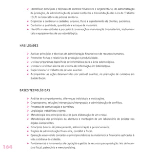 Ø Identificar princípios e técnicas de controle financeiro e orçamentário, de administração
da produção, de administração de pessoal conforme a Consolidação das Leis do Trabalho
(CLT) no laboratório de prótese dentária.
Ø Organizar e controlar o cadastro, arquivo, fluxo e agendamento de clientes, pacientes.
Ø Controlar a qualidade, quantidade e estoque de materiais.
Ø Identificar necessidades e proceder à conservação e manutenção dos materiais, instrumen-
tais e equipamentos de uso odontológico.
HABILIDADES
Ø Aplicar princípios e técnicas de administração financeira e de recursos humanos.
Ø Preencher fichas e relatórios de produção e produtividade.
Ø Utilizar programas específicos de informática para a área odontológica.
Ø Utilizar e orientar acerca do sistema de informação em Odontologia.
Ø Supervisionar o trabalho do pessoal auxiliar.
Ø Acompanhar as ações desenvolvidas por pessoal auxiliar, na prestação de cuidados em
Saúde Bucal.
BASES TECNOLÓGICAS
Ø Análise de comportamento, diferenças individuais e motivações.
Ø Organograma, relações interpessoais/intergrupais e administração de conflitos.
Ø Processo de comunicação e barreiras.
Ø Legislação trabalhista vigente.
Ø Metodologia dos princípios básicos para elaboração de um croqui.
Ø Metodologia dos princípios da abertura e montagem de um laboratório de prótese nos
órgãos competentes.
Ø Princípios básicos de planejamento, administração e gerenciamento.
Ø Noções de administração financeira, contábil e fiscal.
Ø Operação envolvendo conceitos e princípios básicos da matemática financeira aplicados à
vida cotidiana do cidadão.
Ø Fundamentos e ferramentas de captação e gestão de recursos para produção: leis de incen-
tivo fiscal, patrocínio e merchandising.164
 