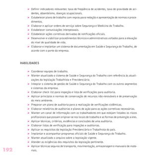 Ø Definir indicadores relevantes: taxa de freqüência de acidentes, taxa de gravidade de aci-
dentes, absenteísmo, doenças ocupacionais.
Ø Estabelecer plano de trabalho com regras para redação e apresentação de normas e proce-
dimentos.
Ø Elaborar e aplicar ordens de serviço sobre Segurança e Medicina do Trabalho.
Ø Estabelecer comunicações interpessoais.
Ø Estabelecer ações corretivas derivadas de notificações oficiais.
Ø Desenvolver e viabilizar procedimentos técnicos e administrativos voltados para a elevação
do nível de qualidade de vida.
Ø Elaborar e implantar um sistema de documentação em Saúde e Segurança do Trabalho, de
acordo com o porte da empresa.
HABILIDADES
Ø Coordenar equipes de trabalho.
Ø Manter atualizado o sistema de Saúde e Segurança do Trabalho com referência às atuali-
zações da legislação Trabalhista e Previdenciária.
Ø Integrar o sistema de gestão de Saúde e Segurança do Trabalho com os outros segmentos
e sistemas da empresa.
Ø Elaborar check list para inspeção e lista de verificações para auditoria.
Ø Aplicar princípios e normas de conservação de recursos não-renováveis e de preservação
do meio ambiente.
Ø Preparar um plano de auditoria para a realização de verificações sistêmicas.
Ø Elaborar relatórios de auditorias e planos de ação para as ações corretivas necessárias.
Ø Manter um canal de informação com os trabalhadores em que estejam listados os riscos
profissionais que possam originar-se nos locais de trabalho e as formas de prevenção a eles.
Ø Aplicar técnicas, critérios, evidências e conclusões de uma auditoria.
Ø Elaborar listas de verificação para inspeções e auditorias.
Ø Aplicar os requisitos da legislação Previdenciária e Trabalhista do país.
Ø Implantar e acompanhar programas oficiais de Saúde e Segurança do Trabalho.
Ø Manter atualizado o arquivo sobre a legislação vigente.
Ø Atender as exigências dos requisitos da legislação pertinente.
Ø Aplicar técnicas seguras de transporte, movimentação, armazenagem e manuseio de mate-
riais.192
 