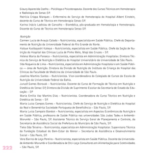 Glaury Aparecida Coelho – Psicóloga e Psicoterapeuta. Docente dos Cursos Técnicos em Hemoterapia
e Radiologia do Senac-SP.
Patrícia Crippa Marques – Enfermeira do Serviço de Hemoterapia do Hospital Albert Einstein,
docente do Curso de Técnico em Hemoterapia Senac-SP.
Karina Inácio Ladislau de Carvalho – Biomédica, pós-graduada em Hematologia e Hemoterapia.
Docente do Curso de Técnico em Hemoterapia Senac-SP.
Nutrição
Carmen Lucia de Araujo Calado – Nutricionista, especialista em Saúde Pública. Chefe do Departa-
mento de Nutrição da Universidade Federal do Rio Grande do Norte.
Hatsue Kusibayashi Kakeya – Nutricionista, especialista em Saúde Pública. Chefe da Seção de Nu-
trição do Hospital das Clínicas Luzia de Pinho Melo, Mogi das Cruzes – SP.
Helena Maria da Fonseca – Nutricionista, especialista em Administração Hospitalar. Diretora Téc-
nica do Serviço de Nutrição e Dietética do Hospital Universitário da Universidade de São Paulo.
Ilda Nogueira de Lima – Nutricionista, especialista em Administração Hospitalar e em Saúde Públi-
ca — área de Nutrição. Diretora da Divisão de Nutrição do Instituto da Criança do Hospital das
Clínicas da Faculdade de Medicina da Universidade de São Paulo.
Joselina Martins Santos – Nutricionista. Vice-coordenadora do Colegiado de Cursos da Escola de
Nutrição da Universidade Federal da Bahia.
Jurucê Gomes Borovak – Nutricionista. Docente do Curso de Formação de Técnico em Nutrição e
Dietética do Senac-SP, Diretora da Divisão de Suprimento Escolar da Secretaria de Estado da Edu-
cação – SP
Maria Emília Vaz Martins Dias – Nutricionista. Coordenadora do Curso Técnico em Nutrição e
Dietética do Senac – SP.
Maria Luiza Campos Gomes – Nutricionista. Chefe do Serviço de Nutrição e Dietética do Hospital
da Real e Benemérita Sociedade Portuguesa de Beneficência – São Paulo, SP.
Maria Luiza Sampaio Banduk – Nutricionista, especialista em Aspectos Econômicos da Nutrição e
em Saúde Pública, professora de Saúde Pública nas universidades São Judas Tadeu e Anhembi-
Morumbi – São Paulo, SP. Assistente Técnico do Serviço Geral de Planejamento e Controle, da
Secretaria de Assistência Social da Prefeitura do Município de São Paulo, SP.
Tieko Oda Teixeira – Nutricionista, especialista em Administração Hospitalar. Supervisora Técnica
da Fundação Estadual do Bem-Estar do Menor – Secretaria de Assistência e Desenvolvimento
Social – São Paulo, SP.
Vera Barros de Leça Pereira – Nutricionista, especialista em Saúde Pública. Docente da Universida-
de Anhembi-Morumbi e Coordenadora de Olci-Leça Consultores em Alimentação para Coletividades
– São Paulo, SP.
222
 