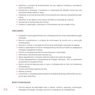 Ø Identificar o processo de envelhecimento nos seus aspectos fisiológicos, psicológicos,
sociais e patológicos.
Ø Caracterizar a prevenção, o tratamento e a reabilitação das afecções clínicas que mais
comumente afetam adultos e idosos.
Ø Interpretar as normas técnicas sobre o funcionamento dos materiais e equipamentos espe-
cíficos.
Ø Identificar os anti-sépticos mais comuns utilizados na realização de curativos.
Ø Caracterizar os diversos tipos de curativos.
Ø Conhecer a organização, a estrutura e o funcionamento de uma unidade clínica.
HABILIDADES
Ø Estabelecer comunicação eficiente com o cliente/paciente com vistas à efetividade das ações
realizadas.
Ø Realizar procedimentos e cuidados de enfermagem de acordo com a prescrição
multidisciplinar.
Ø Executar e orientar a realização de exercícios de reabilitação e prevenção de seqüelas.
Ø Manter a capacidade funcional do cliente/paciente ao máximo auxiliando sua adaptação às
limitações conseqüentes à doença.
Ø Ensinar ao cliente/paciente técnicas que promovam o autocuidado.
Ø Administrar medicamentos pelas diversas vias.
Ø Operar equipamentos e manusear materiais próprios do campo de atuação.
Ø Utilizar adequadamente os Equipamentos de Proteção Individuais - EPI, no atendimento
de pacientes em situações clínicas.
Ø Aplicar normas de segurança para si e para o cliente/paciente ao lidar com tratamentos
antineoplásicos.
Ø Utilizar terminologia específica da área.
Ø Realizar curativos.
Ø Encaminhar os clientes/pacientes portadores de seqüelas de doenças deformantes aos gru-
pos de apoio específicos.
BASES TECNOLÓGICAS
Ø Técnicas básicas de enfermagem para a higiene, conforto, segurança, alimentação,
hidratação eliminações, recreação, exercícios e tratamentos do cliente/paciente.58
 