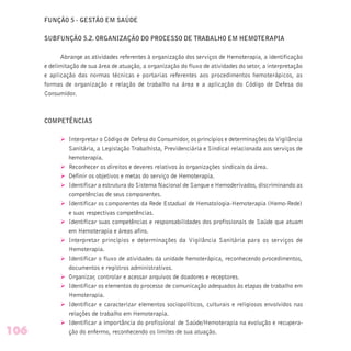 FUNÇÃO 5 - GESTÃO EM SAÚDE
SUBFUNÇÃO 5.2. ORGANIZAÇÃO DO PROCESSO DE TRABALHO EM HEMOTERAPIA
Abrange as atividades referentes à organização dos serviços de Hemoterapia, a identificação
e delimitação de sua área de atuação, a organização do fluxo de atividades do setor, a interpretação
e aplicação das normas técnicas e portarias referentes aos procedimentos hemoterápicos, as
formas de organização e relação de trabalho na área e a aplicação do Código de Defesa do
Consumidor.
COMPETÊNCIAS
Ø Interpretar o Código de Defesa do Consumidor, os princípios e determinações da Vigilância
Sanitária, a Legislação Trabalhista, Previdenciária e Sindical relacionada aos serviços de
hemoterapia.
Ø Reconhecer os direitos e deveres relativos às organizações sindicais da área.
Ø Definir os objetivos e metas do serviço de Hemoterapia.
Ø Identificar a estrutura do Sistema Nacional de Sangue e Hemoderivados, discriminando as
competências de seus componentes.
Ø Identificar os componentes da Rede Estadual de Hematologia-Hemoterapia (Hemo-Rede)
e suas respectivas competências.
Ø Identificar suas competências e responsabilidades dos profissionais de Saúde que atuam
em Hemoterapia e áreas afins.
Ø Interpretar princípios e determinações da Vigilância Sanitária para os serviços de
Hemoterapia.
Ø Identificar o fluxo de atividades da unidade hemoterápica, reconhecendo procedimentos,
documentos e registros administrativos.
Ø Organizar, controlar e acessar arquivos de doadores e receptores.
Ø Identificar os elementos do processo de comunicação adequados às etapas de trabalho em
Hemoterapia.
Ø Identificar e caracterizar elementos sociopolíticos, culturais e religiosos envolvidos nas
relações de trabalho em Hemoterapia.
Ø Identificar a importância do profissional de Saúde/Hemoterapia na evolução e recupera-
ção do enfermo, reconhecendo os limites de sua atuação.106
 