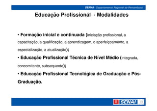 Educação Profissional - Modalidades


• Formação inicial e continuada (iniciação profissional, a
capacitação, a qualificação, a aprendizagem, o aperfeiçoamento, a

especialização, a atualização);

• Educação Profissional Técnica de Nível Médio (integrada,
concomitante, subsequente);

• Educação Profissional Tecnológica de Graduação e Pós-
Graduação.
 