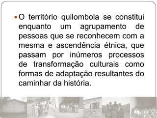  O território quilombola se constitui
 enquanto um agrupamento de
 pessoas que se reconhecem com a
 mesma e ascendência étnica, que
 passam por inúmeros processos
 de transformação culturais como
 formas de adaptação resultantes do
 caminhar da história.
 
