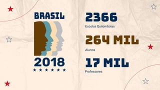 2366
Escolas Quilombolas
264 mil
Alunos
17 mil
Professores
 