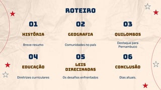 01
História
Breve resumo
Geografia
02
Comunidades no país
Quilombos
03
Destaque para
Pernambuco
Educação
04
Diretrizes curriculares
Leis
direcinadas
05
Os desafios enfrentados
Conclusão
06
Dias atuais.
Roteiro
 