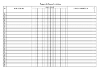 Registro de Aulas e Conteúdos
N.º NOME DO ALUNO
AULAS DADAS
CONTEÚDOS APLICADOS
AVALIAÇÕES
01
02
03
04
05
06
07
08
09
10
11
12
13
14
15
16
17
18
19
20
21
22
23
24
25
26
27
28
29
30
31
32
33
34
35
36
37
 
