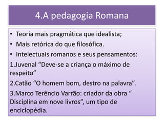 4.A pedagogia Romana
• Teoria mais pragmática que idealista;
• Mais retórica do que filosófica.
• Intelectuais romanos e seus pensamentos:
1.Juvenal “Deve-se a criança o máximo de
respeito”
2.Catão “O homem bom, destro na palavra”.
3.Marco Terêncio Varrão: criador da obra “
Disciplina em nove livros”, um tipo de
enciclopédia.
 