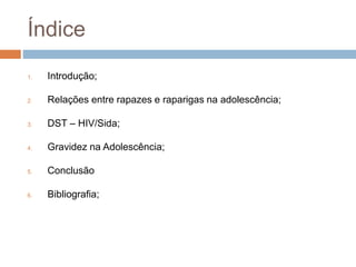 Índice
1. Introdução;
2. Relações entre rapazes e raparigas na adolescência;
3. DST – HIV/Sida;
4. Gravidez na Adolescência;
5. Conclusão
6. Bibliografia;
 