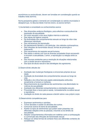 económicos ou socioculturais, devem ser tomadas em consideração quando se
trabalha neste domínio.

Numa perspectiva global, e tomando em consideração os valores enunciados é
desejável que, no decurso deste nível de ensino, os alunos tenham:

1) Aumentado e consolidado os conhecimentos acerca:

   •   Das dimensões anátomo-fisiológica, psico-afectiva e sociocultural da
       expressão da sexualidade;
   •   Do corpo sexuado e dos seus órgãos internos e externos;
   •   Das regras de higiene corporal;
   •   Da diversidade dos comportamentos sexuais ao longo da vida e das
       diferenças individuais;
   •   Dos mecanismos da reprodução;
   •   Do planeamento familiar e, em particular, dos métodos contraceptivos;
   •   Das infecções de transmissão sexual, formas de prevenção e
       tratamento;
   •   Dos mecanismos da resposta sexual humana;
   •   Das ideias e valores com que as diversas sociedades foram encarando
       e encaram a sexualidade, o amor, a reprodução e a relação entre os
       sexos;
   •   Dos recursos existentes para a resolução de situações relacionadas
       com a saúde sexual e reprodutiva;
   •   Dos tipos de abuso sexual e das estratégias dos agressores.

2) Desenvolvido atitudes de:

   •   Aceitação das mudanças fisiológicas e emocionais próprias da sua
       idade;
   •   Aceitação da diversidade dos comportamentos sexuais ao longo da
       vida;
   •   Reflexão e de crítica face aos papéis estereotipados atribuídos
       socialmente a homens e mulheres;
   •   Reconhecimento da importância dos sentimentos e da afectividade na
       vivência da sexualidade;
   •   Aceitação dos diferentes comportamentos e orientações sexuais;
   •   Prevenção face a riscos para a saúde, nomeadamente na esfera sexual
       e reprodutiva;
   •   Aceitação do direito de cada pessoa a decidir sobre o seu próprio corpo.

3) Desenvolvido competências para:

   •   Expressar sentimentos e opiniões;
   •   Tomar decisões e aceitar as decisões dos outros;
   •   Comunicar acerca do tema da sexualidade;
   •   Aceitar os tipos de sentimentos que podem estar presentes nas
       diferentes relações entre as pessoas, incluindo os do âmbito da
       sexualidade;
   •   Adoptar comportamentos informados em matérias como a contracepção
       e a prevenção das infecções de transmissão sexual;
   •   Adequar as várias formas de contacto físico aos diferentes contextos de
       sociabilidade;
 