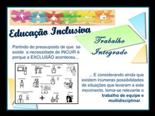 ão Inclusiva
Educaç
Partindo do pressuposto de que se
existe a necessidade de INCUIR é
porque a EXCLUSÃO aconteceu...

Trabalho
Integrado

... E considerando ainda que
existem inúmeras possibilidades
de situações que levaram a este
movimento, torna-se relevante o
trabalho de equipe e
multidisciplinar.

 