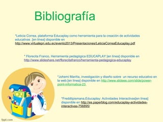 Bibliografía 
*Leticia Correa, plataforma Educaplay como herramienta para la creación de actividades 
educativas .[en línea] disponible en 
http://www.virtualepn.edu.ec/evento2013/Presentaciones/LeticiaCorreaEducaplay.pdf 
* Florecita Franco, Herramienta pedagógica EDUCAPLAY [en línea] disponible en 
http://www.slideshare.net/florecitafranco/herramienta-pedagogica-educaplay 
*Johemi Mariña, investigación y diseño sobre un recurso educativo en 
la web.[en línea] disponible en http://www.slideee.com/slide/power-point- 
informatica-23 
*Freddtipismana,Educaplay: Actividades Interactivas[en línea] 
disponible en http://es.paperblog.com/educaplay-actividades-interactivas- 
756895/ 
 