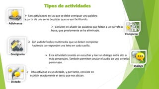 Tipos de actividades
 Son actividades en las que se debe averiguar una palabra
a partir de una serie de pistas que se van facilitando.
Adivinanza
 Consiste en añadir las palabras que faltan a un párrafo o
frase, que previamente se ha eliminado.
Completar
 Son autodefinidos multimedia que se deben completar
haciendo corresponder una letra en cada casilla.
Crucigrama  Esta actividad consiste en escuchar y leer un diálogo entre dos o
más personajes. También permiten anular el audio de uno o varios
personajes.
Diálogo
 Esta actividad es un dictado, y por tanto, consiste en
escribir exactamente el texto que nos dictan.
Dictado
 