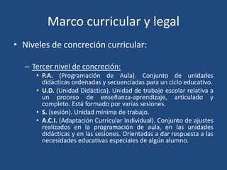 Marco curricular y legal
• Niveles de concreción curricular:
– Tercer nivel de concreción:
• P.A. (Programación de Aula). Conjunto de unidades
didácticas ordenadas y secuenciadas para un ciclo educativo.
• U.D. (Unidad Didáctica). Unidad de trabajo escolar relativa a
un proceso de enseñanza-aprendizaje, articulado y
completo. Está formado por varias sesiones.
• S. (sesión). Unidad mínima de trabajo.
• A.C.I. (Adaptación Curricular Individual). Conjunto de ajustes
realizados en la programación de aula, en las unidades
didácticas y en las sesiones. Orientadas a dar respuesta a las
necesidades educativas especiales de algún alumno.
 