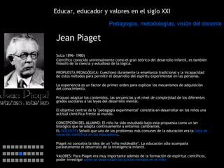 Educar, educador y valores en el siglo XXI Jean Piaget Suiza 1896- 1980) Científico conocido universalmente como el gran t...