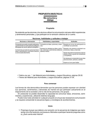 75PREESCOLAR 2 / FICHERO DE ACTIVIDADES
PROPUESTADIDÁCTICA6
Me comunico y
dialogo
Propósito
Se pretende que las alumnas y los alumnos utilicen la comunicación oral para referir experiencias
y sentimientos personales, y que participen en la narración colectiva de un cuento.
Nociones, habilidades y actitudes a trabajar
Materiales
• “Había una vez...”, del Material para Actividades y Juegos Educativos, páginas 29-30.
• Títeres del Material para Actividades y Juegos Educativos, páginas 31-34.
Para comenzar
Las formas de vida democrática demandan que las personas puedan expresar con claridad
sus opiniones, sentimientos y demandas de manera tal que participen activamente en el
mejoramiento de la sociedad y de la vida de las personas y los grupos.
En preescolar es posible desarrollar la capacidad de comunicar ideas, emociones, senti-
mientos y experiencias, utilizando distintos lenguajes.
Puede incluir esta actividad en cualquier proyecto en el que sea necesaria la comunicación
y se requiera comprender la secuencia lógica y cronológica de acontecimientos.
Inicio
1. Proponga al grupo que elabore una narración con la secuencia de imágenes que repre-
sentan a la niña haciendo una travesura. Motívelos a participar haciendo preguntas como:
a) ¿Qué cuenta esta historia?
ActitudesNociones e información Habilidades y capacidades
Respeta los turnos de participación al
manifestar sus opiniones.
Respeta a los demás al expresar sus
emociones, ideas y creencias.
Siente seguridad al expresarse ante los
adultos y ante su grupo de compañeras
y compañeros.
Se interesa por comprender lo que otras
personas dicen, piensan y sienten.
Espera su turno para hablar.
Comprendequepuedecompartirsentimientos
ypensamientosconotraspersonasutilizando
ellenguajeoral,escrito,gestualopictográfico.
Comprende que todas las personas tienen
ideas y sentimientos y que tienen derecho
a comunicarlos libremente.
Comparte sus ideas, opiniones y creen-
cias.
Expresa con claridad sus ideas, opinio-
nes, creencias y sentimientos utilizando
distintos medios.
 