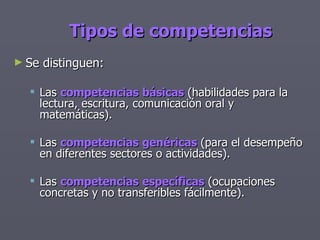 Tipos de competencias Se distinguen: Las  competencias   básicas  (habilidades para la lectura, escritura, comunicación oral y matemáticas). Las  competencias   genéricas  (para el desempeño en diferentes sectores o actividades). Las  competencias   específicas  (ocupaciones concretas y no transferibles fácilmente). 