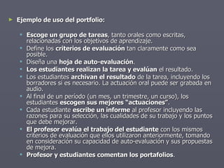 Ejemplo de uso del portfolio: Escoge un grupo de tareas , tanto orales como escritas, relacionadas con los objetivos de aprendizaje. Define los  criterios de evaluación  tan claramente como sea posible. Diseña una  hoja de auto-evaluación . Los estudiantes realizan la tarea y evalúan  el resultado. Los estudiantes  archivan el resultado  de la tarea, incluyendo los borradores si es necesario. La actuación oral puede ser grabada en audio. Al final de un período (un mes, un trimestre, un curso), los estudiantes  escogen sus mejores “actuaciones” . Cada estudiante  escribe un informe  al profesor incluyendo las razones para su selección, las cualidades de su trabajo y los puntos que debe mejorar. El profesor evalúa el trabajo del estudiante  con los mismos criterios de evaluación que ellos utilizaron anteriormente, tomando en consideración su capacidad de auto-evaluación y sus propuestas de mejora. Profesor y estudiantes comentan los portafolios . 