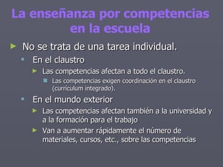 No se trata de una tarea individual. En el claustro Las competencias afectan a todo el claustro. Las competencias exigen coordinación en el claustro (currículum integrado). En el mundo exterior Las competencias afectan también a la universidad y a la formación para el trabajo Van a aumentar rápidamente el número de materiales, cursos, etc., sobre las competencias La enseñanza por competencias en la escuela 