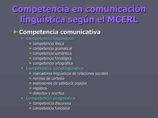 Competencia en comunicación lingüística según el MCERL <ul><li>Competencia comunicativa </li></ul><ul><ul><li>Competencia ...