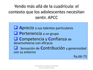 Yendo más allá de la cuadrícula: el 
contexto que los adolescentes necesitan 
sentir. APCC 
 Aprecio a sus talentos particulares 
 Pertenencia a un grupo 
 Competencia y Confianza de 
desenvolverse con eficacia 
 Sensación de Contribución y generosidad 
con su entorno 
Pp.66-73 
Camp-Gredos, Inteligencias Múltiples 
http://www.gredos.org/ 
 
