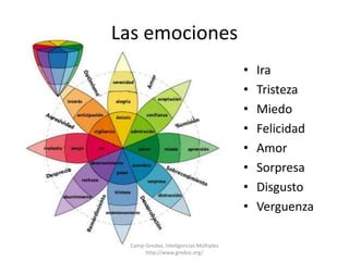 Las emociones 
• Ira 
• Tristeza 
• Miedo 
• Felicidad 
• Amor 
• Sorpresa 
• Disgusto 
• Verguenza 
Camp-Gredos, Inteligencias Múltiples 
http://www.gredos.org/ 
 