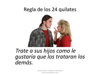 Regla de los 24 quilates 
Trate a sus hijos como le 
gustaría que los trataran los 
demás. 
Camp-Gredos, Inteligencias Múltiples 
http://www.gredos.org/ 
 