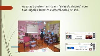 As salas transformam-se em “salas de cinema” com
filas, lugares, bilhetes e arrumadoras de sala.
 
