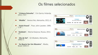 Os filmes selecionados
 ¨ Criatura Estranha”, Cris Garcia, Holanda,
2013, 3’43’’;
 ¨ Mobile”, Verena Fels, Alemanha, 2011, 6’;
 ¨ Knick Knack”, Pixar, John Lasseter, 1989,
3,38’’’;
 ¨Kolobok”, Marina Karpova, Rússia, 2013,
13’;
 ¨ Dia de Sol”, Gil Alkabetz, Alemanha,
2008, 6’;
 ¨ Eu Queria Ser Um Monstro”, Marão,
Brasil, 2009, 8’;
 