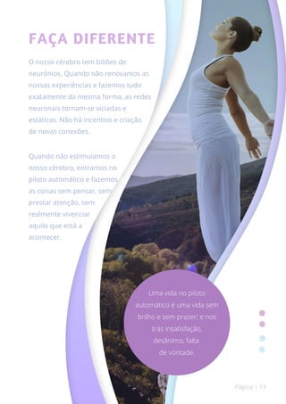 Página | 13
FAÇA DIFERENTE
O nosso cérebro tem biliões de
neurónios. Quando não renovamos as
nossas experiências e fazemos tudo
exatamente da mesma forma, as redes
neuronais tornam-se viciadas e
estáticas. Não há incentivo e criação
de novas conexões.
Quando não estimulamos o
nosso cérebro, entramos no
piloto automático e fazemos
as coisas sem pensar, sem
prestar atenção, sem
realmente vivenciar
aquilo que está a
acontecer.
Uma vida no piloto
automático é uma vida sem
brilho e sem prazer; e nos
trás insatisfação,
desânimo, falta
de vontade.
 