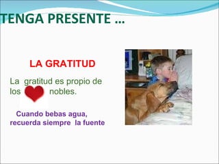 TENGA PRESENTE … LA GRATITUD La  gratitud es propio de los  nobles. Cuando bebas agua, recuerda siempre  la fuente 