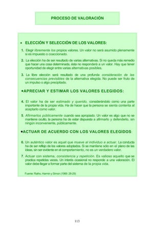 PROCESO DE VALORACIÓN
• ELECCIÓN Y SELECCIÓN DE LOS VALORES:
1. Elegir libremente los propios valores. Un valor no será asumido plenamente
si es impuesto o coaccionado.
2. La elección ha de ser resultado de varias alternativas. Si no queda más remedio
que hacer una cosa determinada, ésta no responderá a un valor. Hay que tener
oportunidad de elegir entre varias alternativas posibles.
3. La libre elección será resultado de una profunda consideración de las
consecuencias previsibles de la alternativa elegida. No puede ser fruto de
un impulso o algo precipitado.
•APRECIAR Y ESTIMAR LOS VALORES ELEGIDOS:
4. El valor ha de ser estimado y querido, considerándolo como una parte
importante de la propia vida. Ha de hacer que la persona se sienta contenta al
aceptarlo como valor.
5. Afirmarlos públicamente cuando sea apropiado. Un valor es algo que no se
mantiene oculto, la persona ha de estar dispuesta a afirmarlo y defenderlo, sin
ningún inconveniente, públicamente.
•ACTUAR DE ACUERDO CON LOS VALORES ELEGIDOS:
6. Un auténtico valor es aquel que mueve al individuo a actuar. La conducta
ha de ser reflejo de los valores adoptados. Si se mantiene sólo en el plano de las
ideas, sin ser evidente en el comportamiento, no es un verdadero valor.
7. Actuar con sistema, consistencia y repetición. Es valioso aquello que se
practica repetidas veces. Un interés ocasional no responde a una valoración. El
valor debe llegar a formar parte del sistema de la propia vida.
Fuente: Raths, Harmin y Simon (1966: 28-29)
113
 