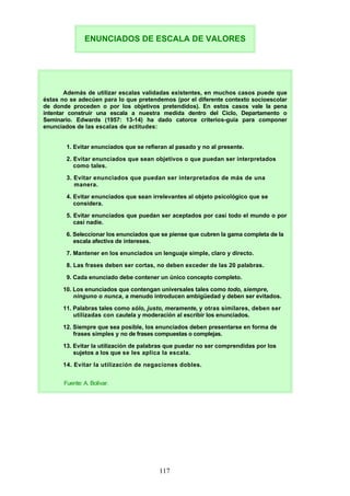 ENUNCIADOS DE ESCALA DE VALORES
Además de utilizar escalas validadas existentes, en muchos casos puede que
éstas no se adecúen para lo que pretendemos (por el diferente contexto socioescolar
de donde proceden o por los objetivos pretendidos). En estos casos vale la pena
intentar construir una escala a nuestra medida dentro del Ciclo, Departamento o
Seminario. Edwards (1957: 13-14) ha dado catorce criterios-guía para componer
enunciados de las escalas de actitudes:
1. Evitar enunciados que se refieran al pasado y no al presente.
2. Evitar enunciados que sean objetivos o que puedan ser interpretados
como tales.
3. Evitar enunciados que puedan ser interpretados de más de una
manera.
4. Evitar enunciados que sean irrelevantes al objeto psicológico que se
considera.
5. Evitar enunciados que puedan ser aceptados por casi todo el mundo o por
casi nadie.
6. Seleccionar los enunciados que se piense que cubren la gama completa de la
escala afectiva de intereses.
7. Mantener en los enunciados un lenguaje simple, claro y directo.
8. Las frases deben ser cortas, no deben exceder de las 20 palabras.
9. Cada enunciado debe contener un único concepto completo.
10. Los enunciados que contengan universales tales como todo, siempre,
ninguno o nunca, a menudo introducen ambigüedad y deben ser evitados.
11. Palabras tales como sólo, justo, meramente, y otras similares, deben ser
utilizadas con cautela y moderación al escribir los enunciados.
12. Siempre que sea posible, los enunciados deben presentarse en forma de
frases simples y no de frases compuestas o complejas.
13. Evitar la utilización de palabras que puedar no ser comprendidas por los
sujetos a los que se les aplica la escala.
14. Evitar la utilización de negaciones dobles.
Fuente: A. Bolívar.
117
 