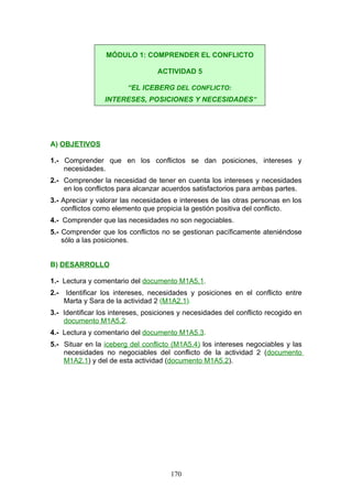 A) OBJETIVOS
1.- Comprender que en los conflictos se dan posiciones, intereses y
necesidades.
2.- Comprender la necesidad de tener en cuenta los intereses y necesidades
en los conflictos para alcanzar acuerdos satisfactorios para ambas partes.
3.- Apreciar y valorar las necesidades e intereses de las otras personas en los
conflictos como elemento que propicia la gestión positiva del conflicto.
4.- Comprender que las necesidades no son negociables.
5.- Comprender que los conflictos no se gestionan pacíficamente ateniéndose
sólo a las posiciones.
B) DESARROLLO
1.- Lectura y comentario del documento M1A5.1.
2.- Identificar los intereses, necesidades y posiciones en el conflicto entre
Marta y Sara de la actividad 2 (M1A2.1).
3.- Identificar los intereses, posiciones y necesidades del conflicto recogido en
documento M1A5.2.
4.- Lectura y comentario del documento M1A5.3.
5.- Situar en la iceberg del conflicto (M1A5.4) los intereses negociables y las
necesidades no negociables del conflicto de la actividad 2 (documento
M1A2.1) y del de esta actividad (documento M1A5.2).
MÓDULO 1: COMPRENDER EL CONFLICTO
ACTIVIDAD 5
“EL ICEBERG DEL CONFLICTO:
INTERESES, POSICIONES Y NECESIDADES”
170
 